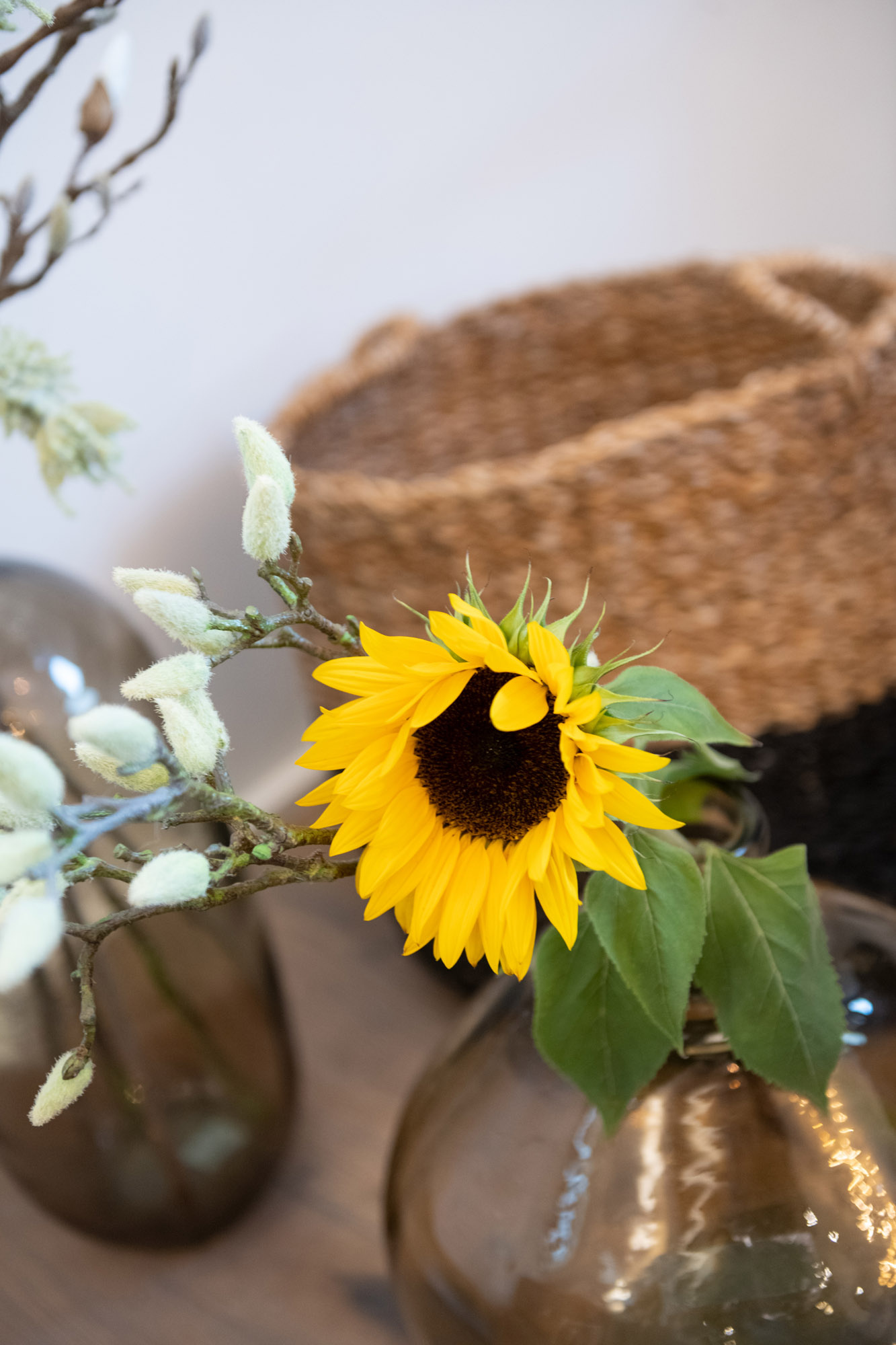 Einrichtung: Nahaufnahme Vase mit Sonnenblume vor geflochtenen Korb